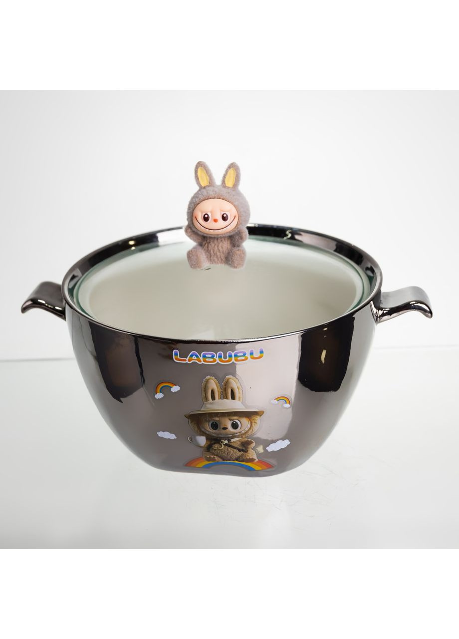 Бульйонниця порцелянова Labubu з кришкою та ручками 800 (мл) Ø15 (см) дитяча тарілка для супу та локшини Сріблястий з коричневим Yiwu (370801548)