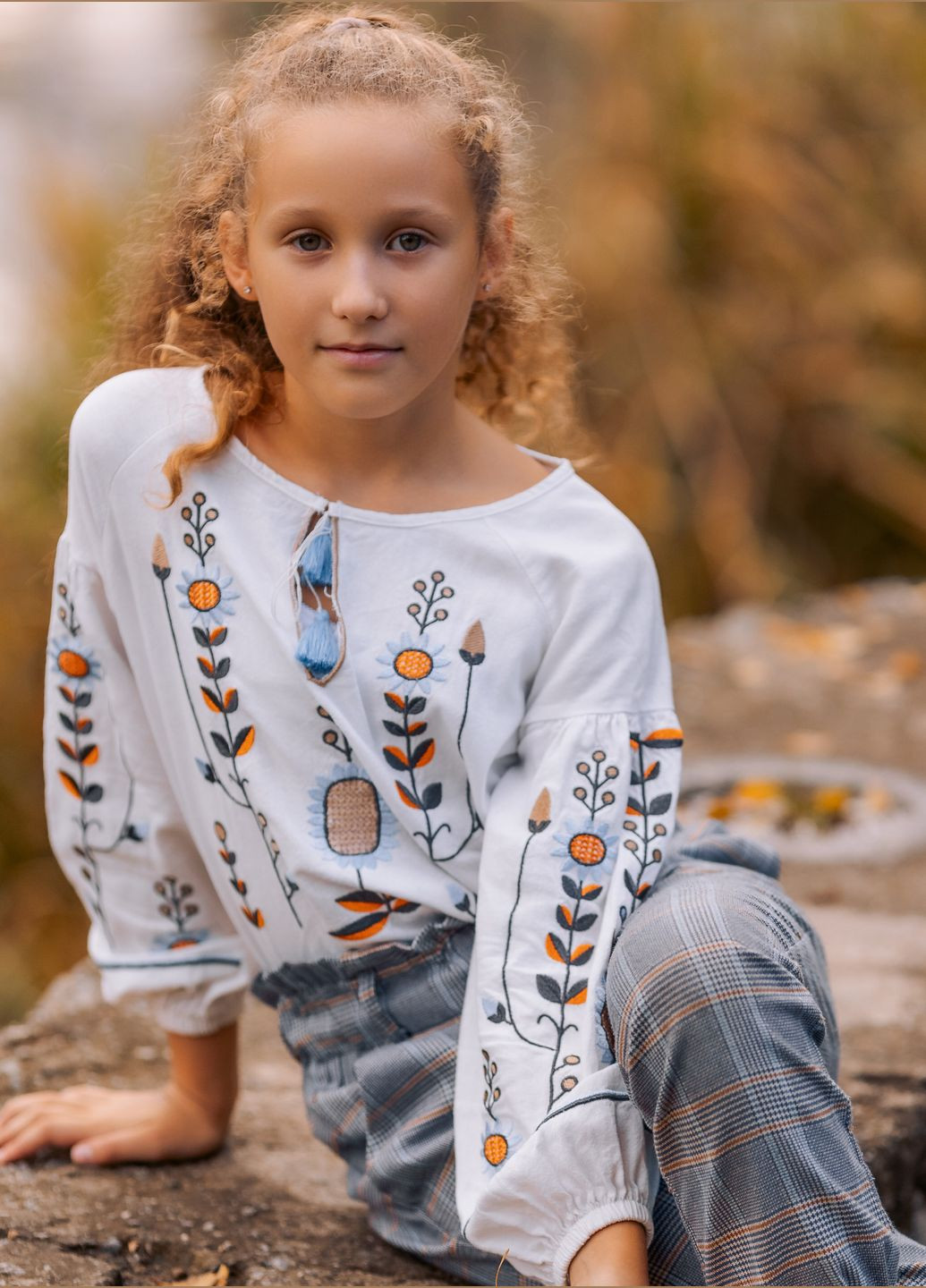 Молочная вышиванка льняная для девочки молочная блуза с вышивкой колосков и подсолнухов узор украинская символика лен (311221518)