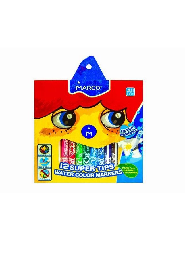Фломастери Super Washable 12 кольорів, 1630-12CB, в коробці (6951572914926) Marco (338710605)