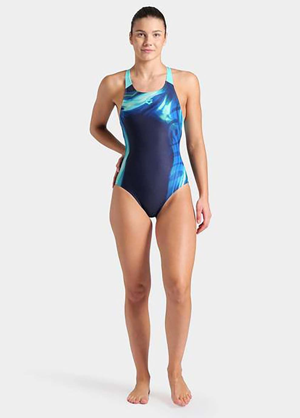 Синій демісезонний купальник закритий для жінок dreamhline swimsuit v back синій Arena