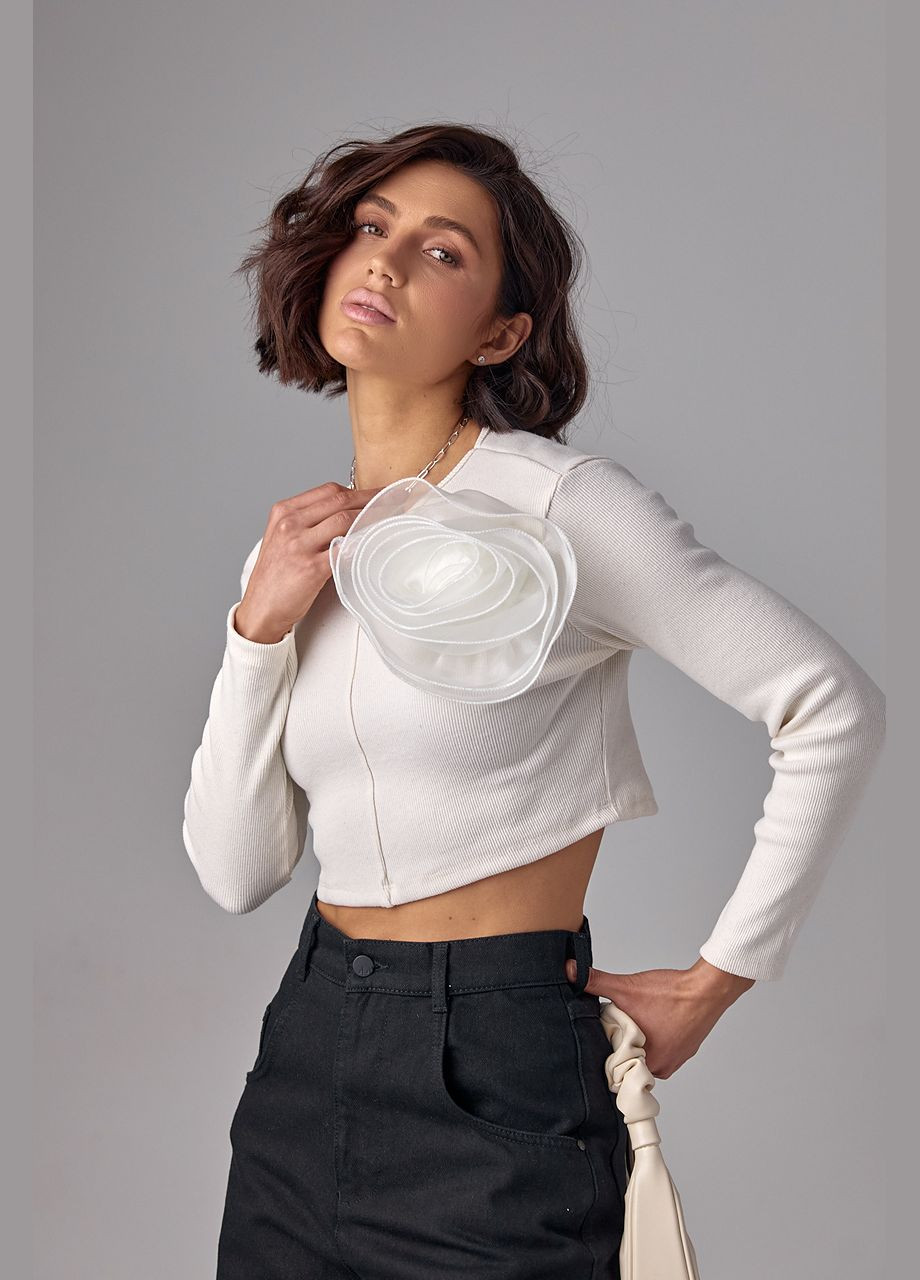 Кремовий демісезонний короткий джемпер в рубчик з об'ємною квіткою - кремовий колір, one size (sku_12380) No Brand