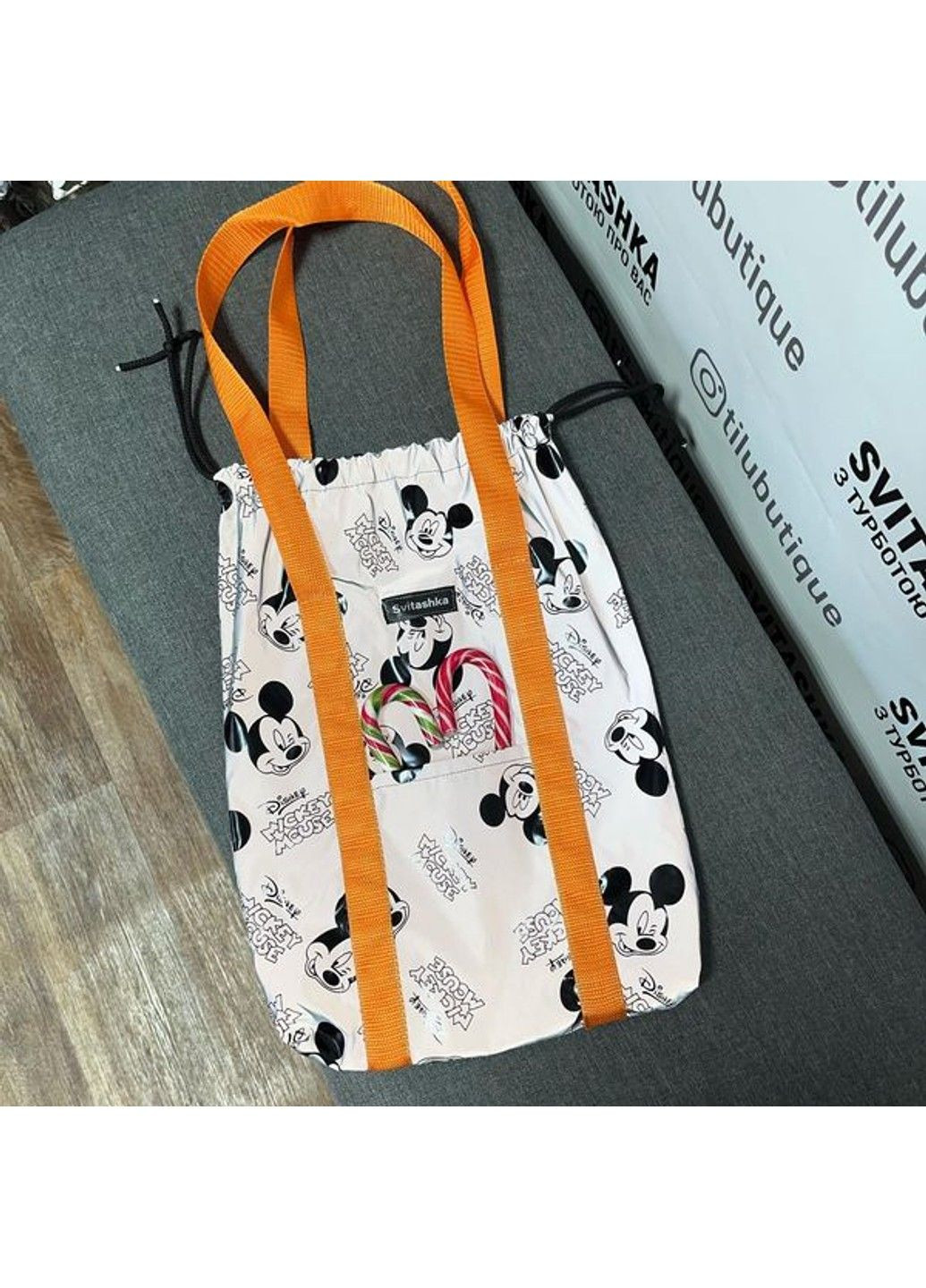 Світловідбиваюча сумка шоппер Світашка цукерочка з кишенями Міккі помаранчеві ручки No Brand (311300807)