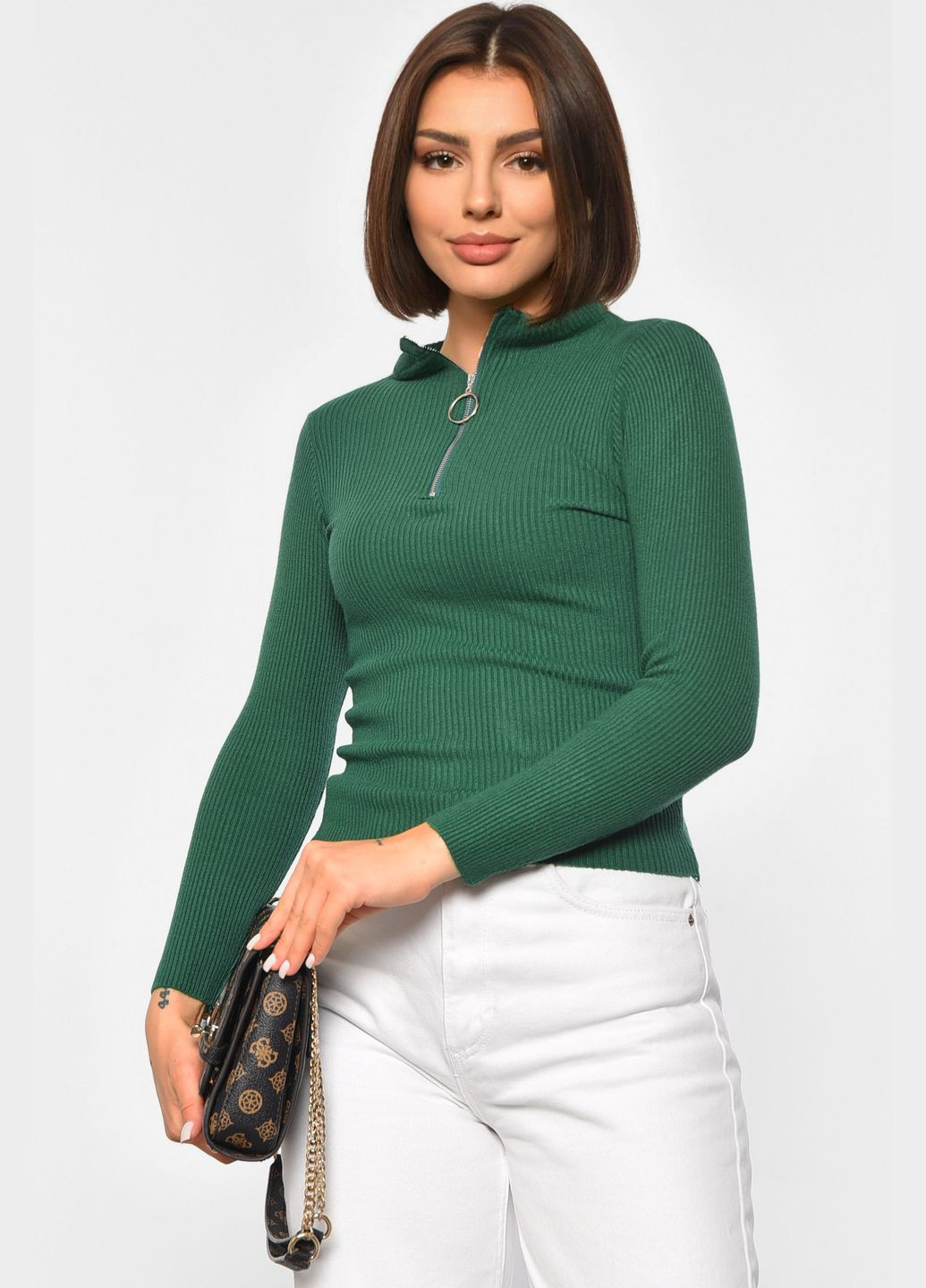 Гольф женский однотонный с замком зеленого цвета Let's Shop (301764057)