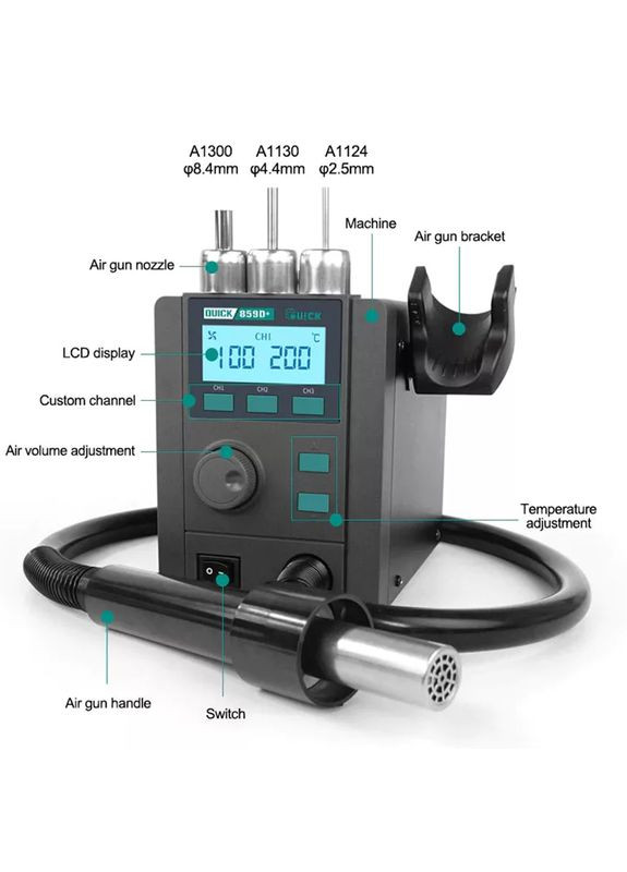 Термовоздушная паяльная станция 859D+ фен / 100-500°С / 3 канала памяти / 40 л/мин / 580 Вт Quick (317204213)