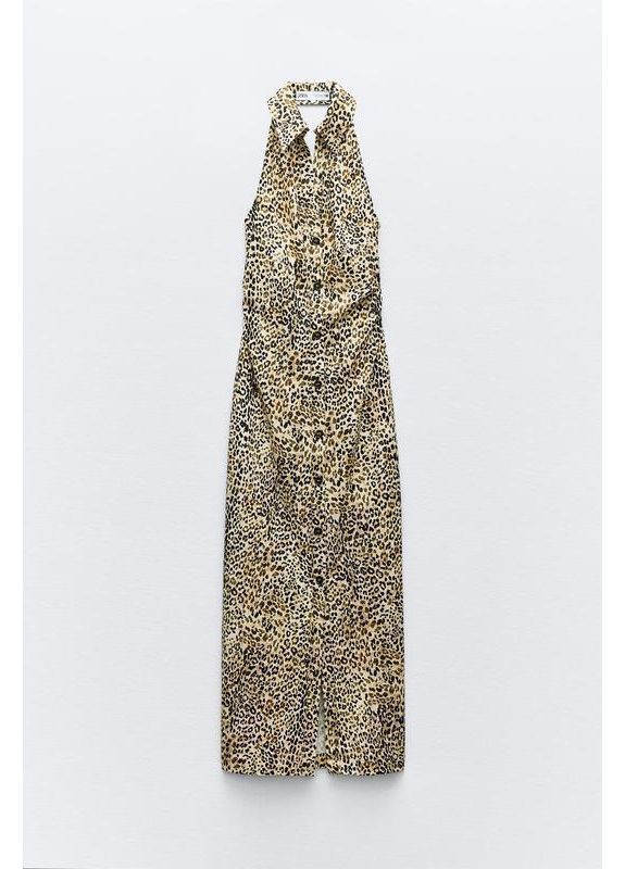 Коричнева сукня-сорочка з суміші льону з анімалістичним принтом. Zara