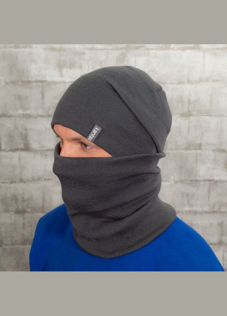 Вязаная шапка на флисе со снудом унисекс 50-60 темно-серый (OC-109) Luxyart (312548268)