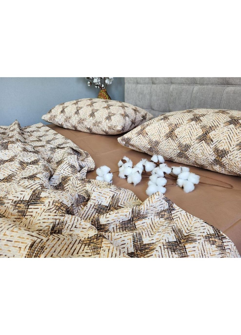 Постельное бельё с резинкой Серпанок мокко, ранфорс гофре (жатка) Полуторный размер, наволочки 70/70 No Brand (364219593)