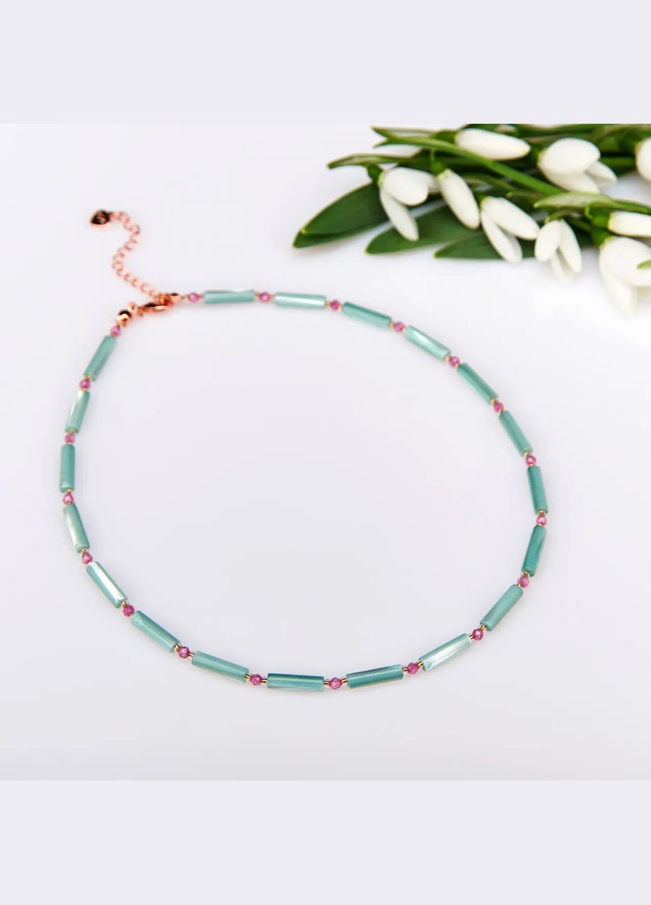 Чокер натуральний Перламутр м'ятний + Циркон, фур-ра гіп-ний сплав колір рожеве золото d-14х3мм+- L-40-45см No Brand циркон, перламутр латунь, натуральний камінь, медичний сплав золото (323654076)