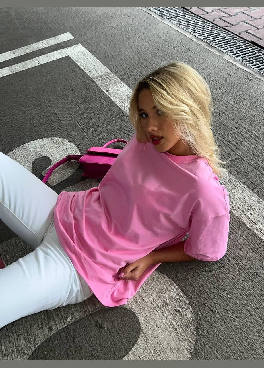 Розовая летняя базовая футболка женская из хлопка t-shirt oversize с коротким рукавом JUGO SLOBO