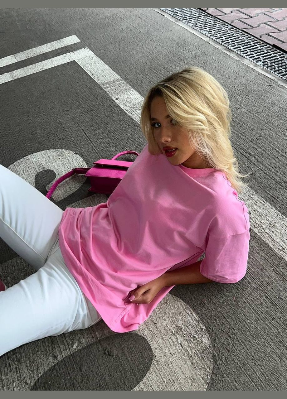 Рожева літня базова футболка жіноча з бавовни t-shirt oversize з коротким рукавом JUGO SLOBO