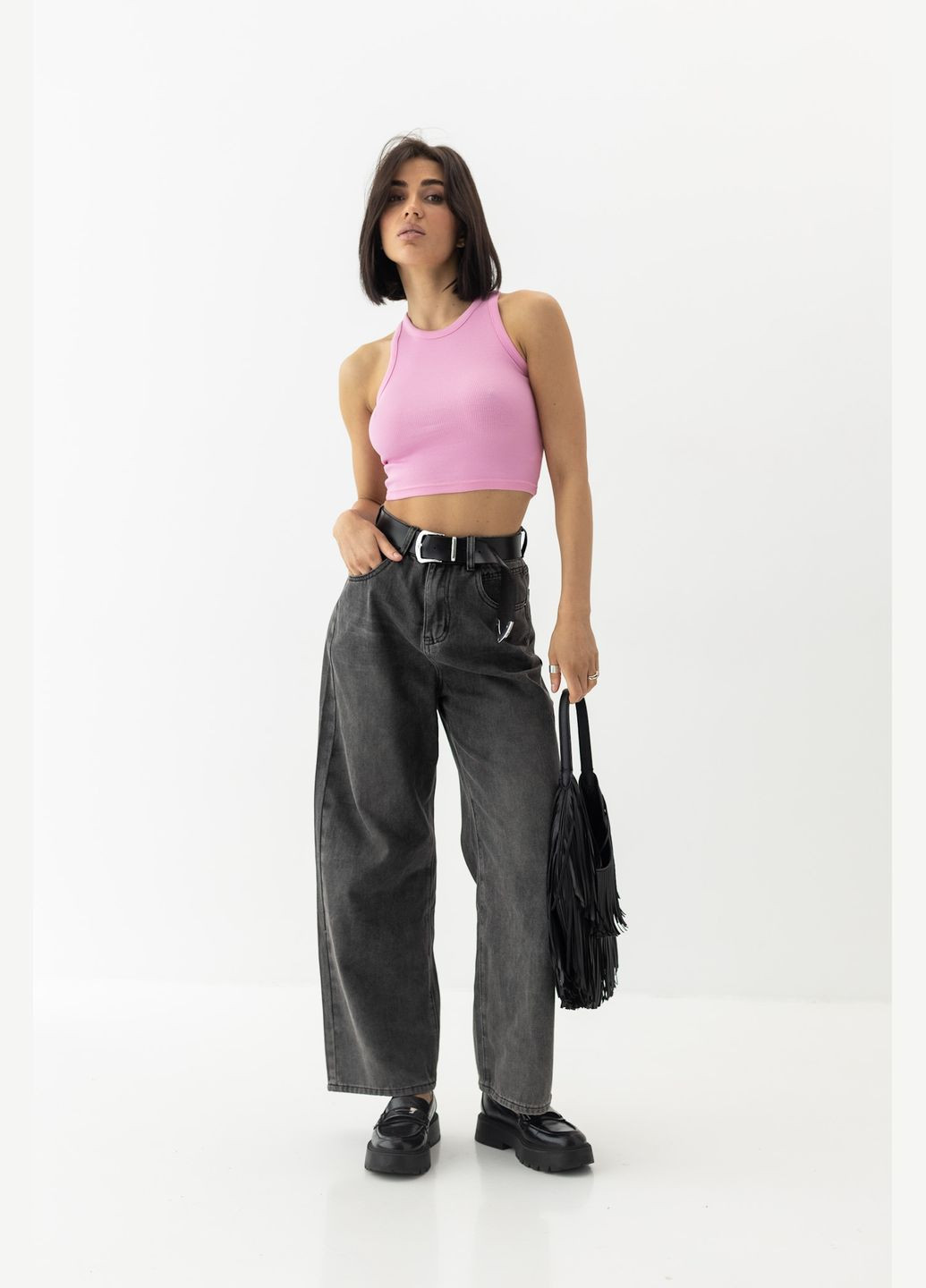 Женская майка-топ в рубчик из эластичного трикотажа - черный цвет Lurex — 330988813