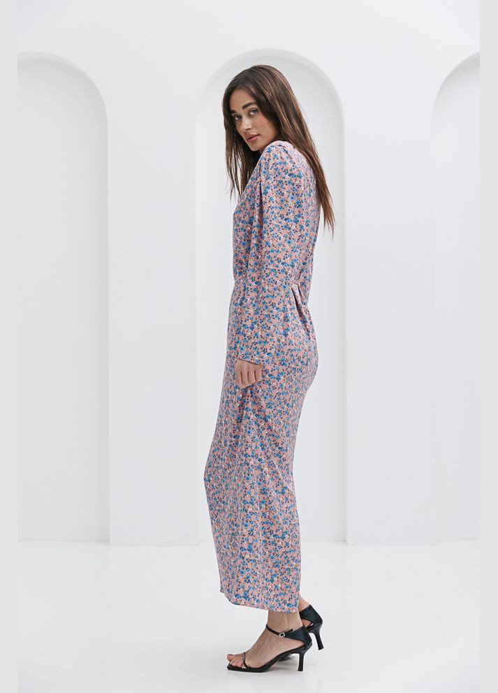 Розовое длинное прямое платье с цветочным принтом коричневое Arjen