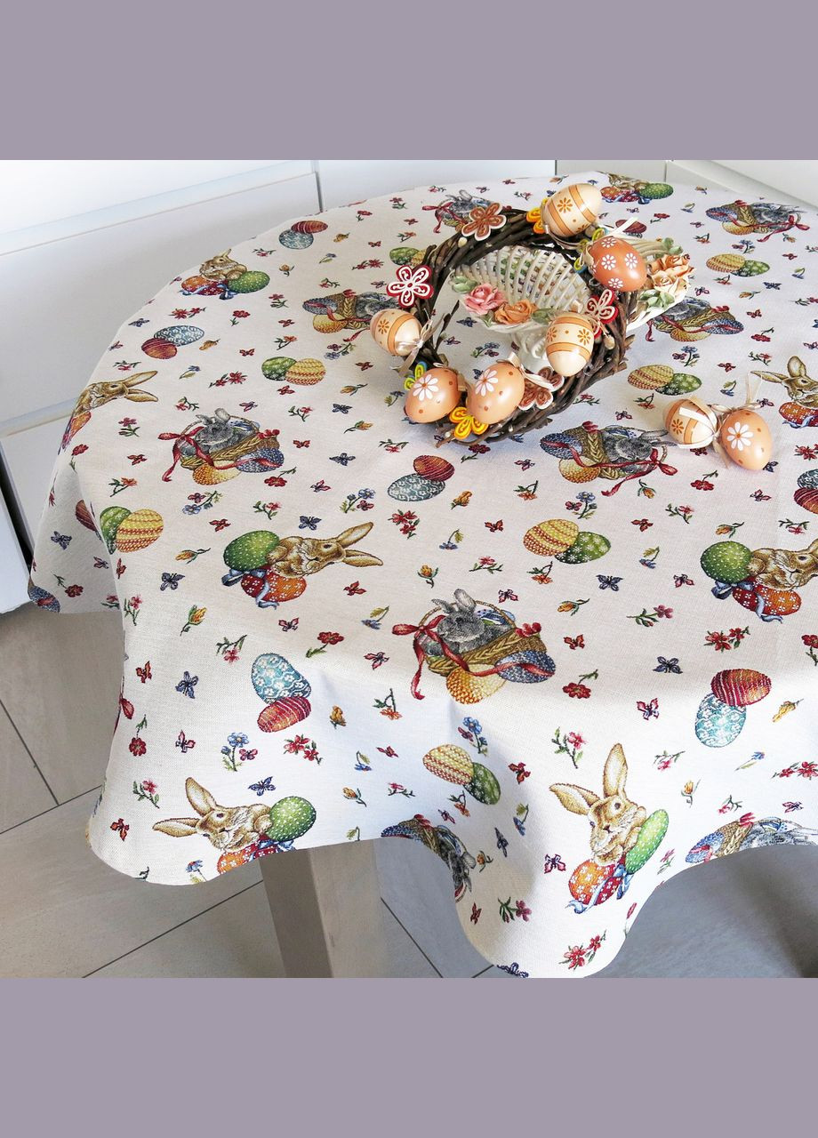 Скатертина гобеленова Великодня з писанками та кроликами пасхальна на овальний стіл 120х160 Maystat (305390513)