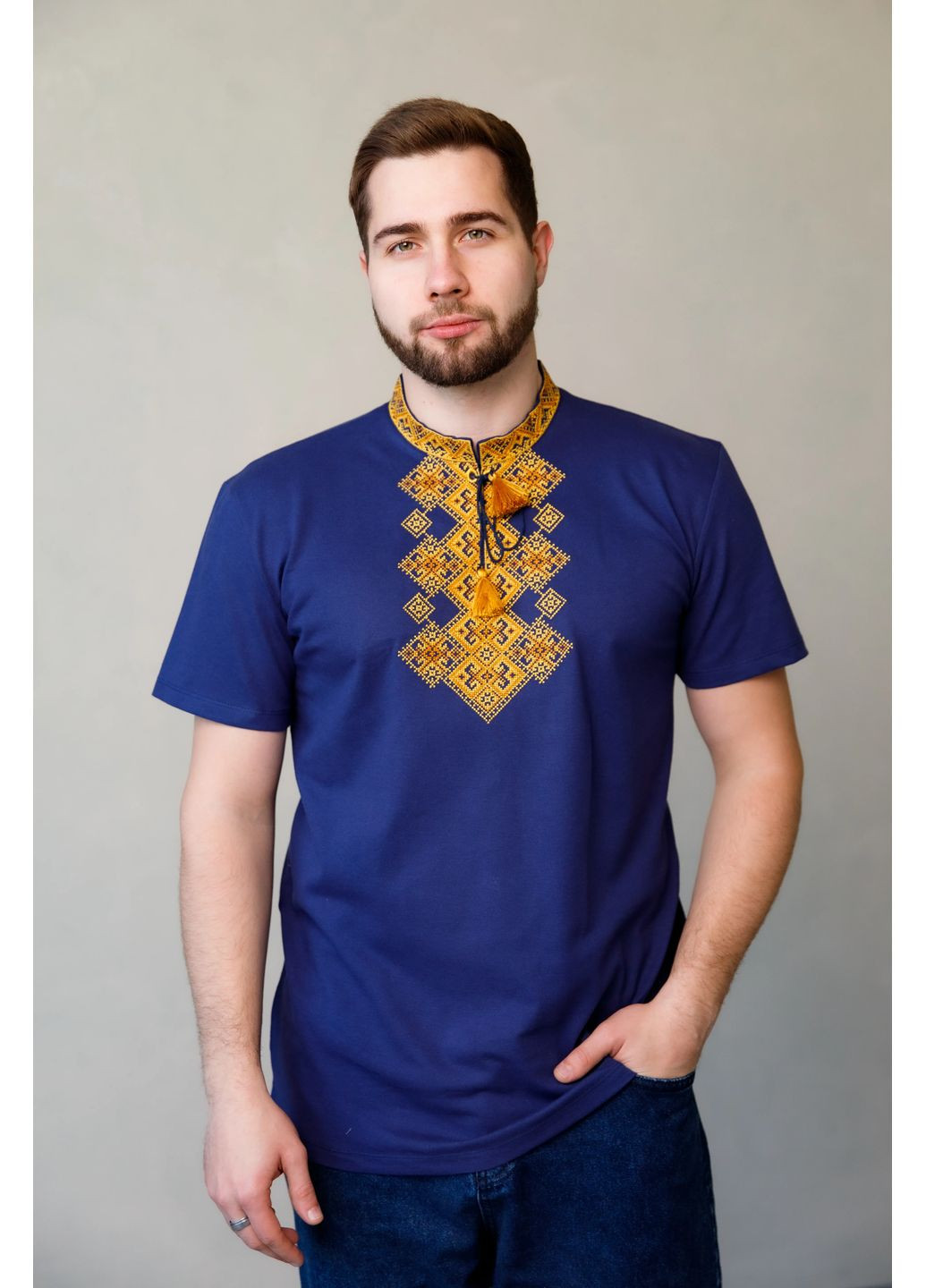 Синяя мужская футболка вышиванка бажан синяя с золотистым Galychanka (365251268)