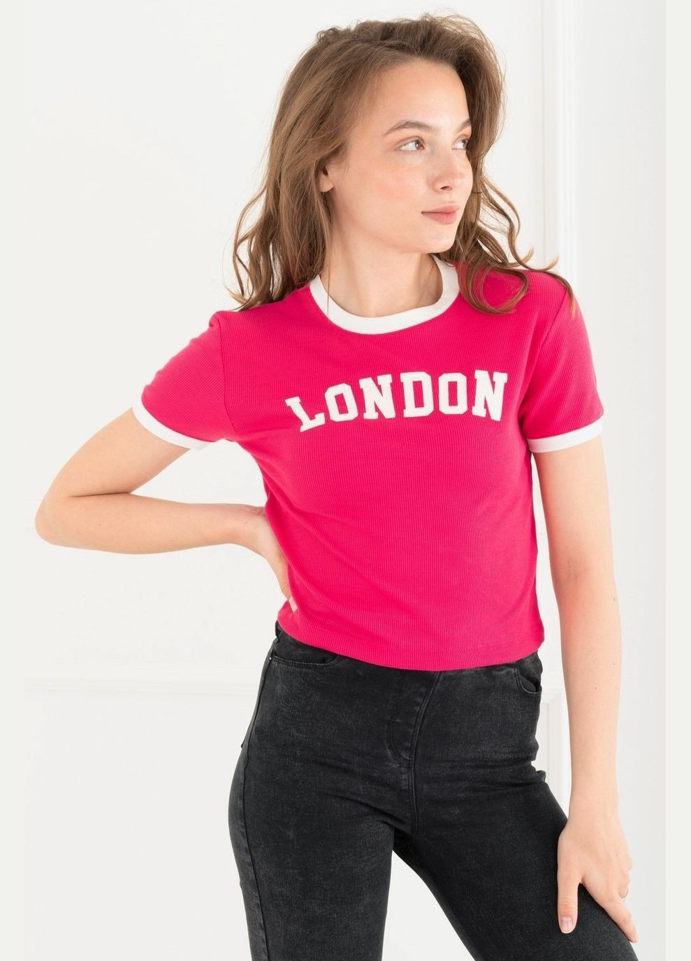 Футболка женская в рубчик розового цвета Let's Shop - (296777450)