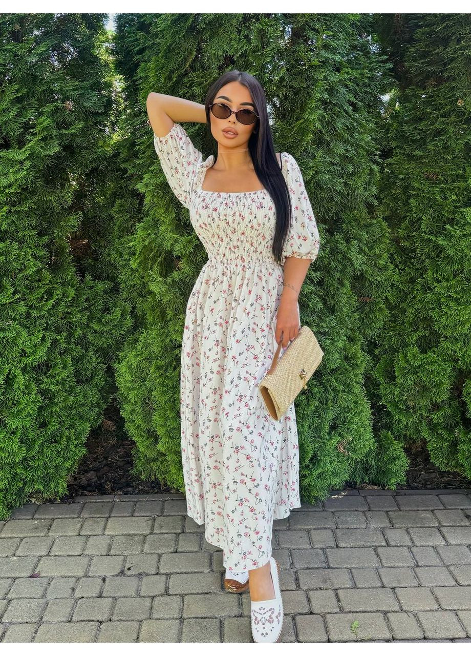 Розовое повседневный, вечернее, пляжное, кэжуал женское платье в цветок с открытыми плечами FINO Mode с цветочным принтом