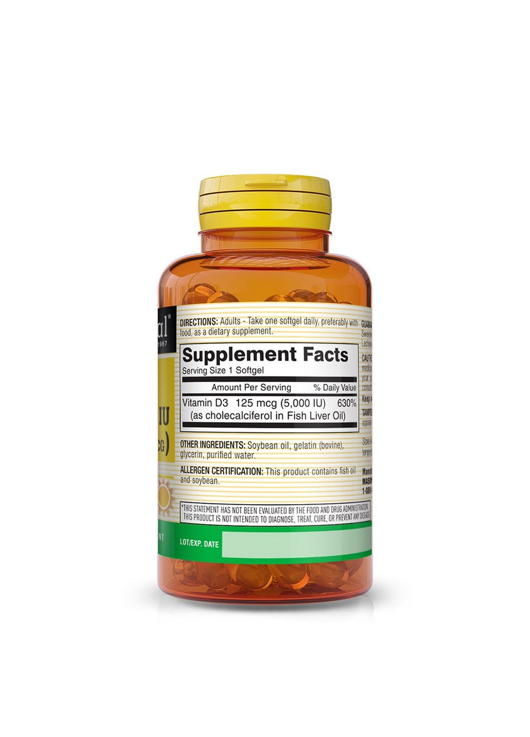 Витамины и минералы Vitamin D3 5000 IU, 50 капсул Mason Natural (293421176)