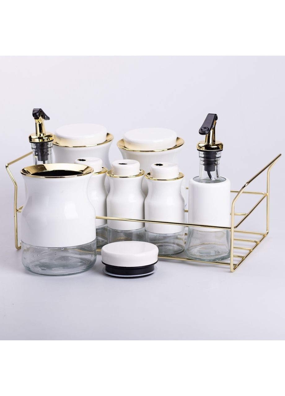 Набор для специй на подставке с бутылками для масла и уксуса 8 предметов Белый Yiwu (360454988)