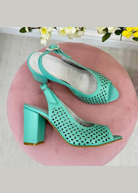 Мятные босоножки женские кожаные на высоком устойчивом каблуке, цвет мята. 38 размер No Brand с ремешком