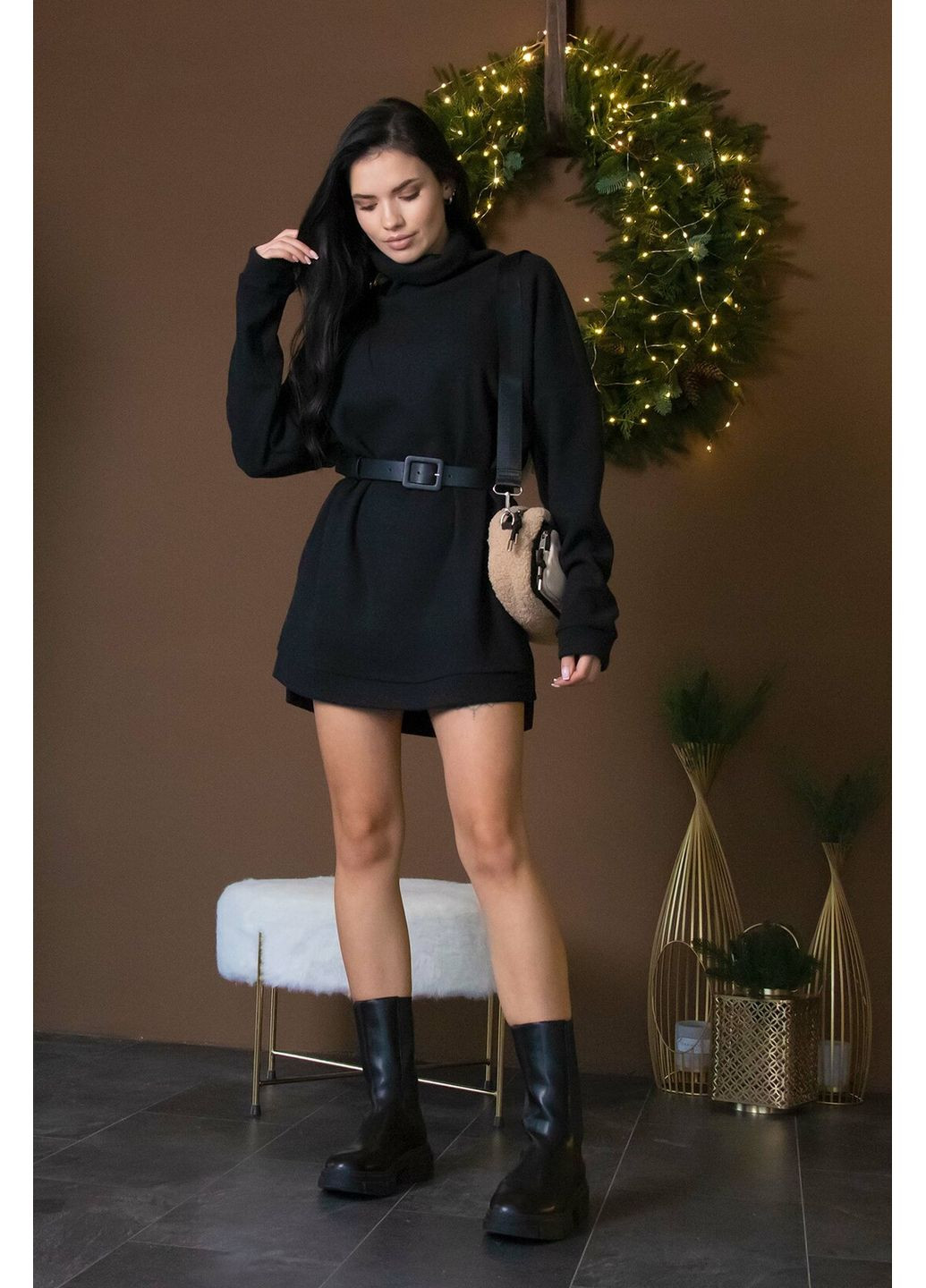 Чорний зимовий жіночий подовжений светр-туніка з кишенями та розрізами на манжетах (св 0122) RiMari