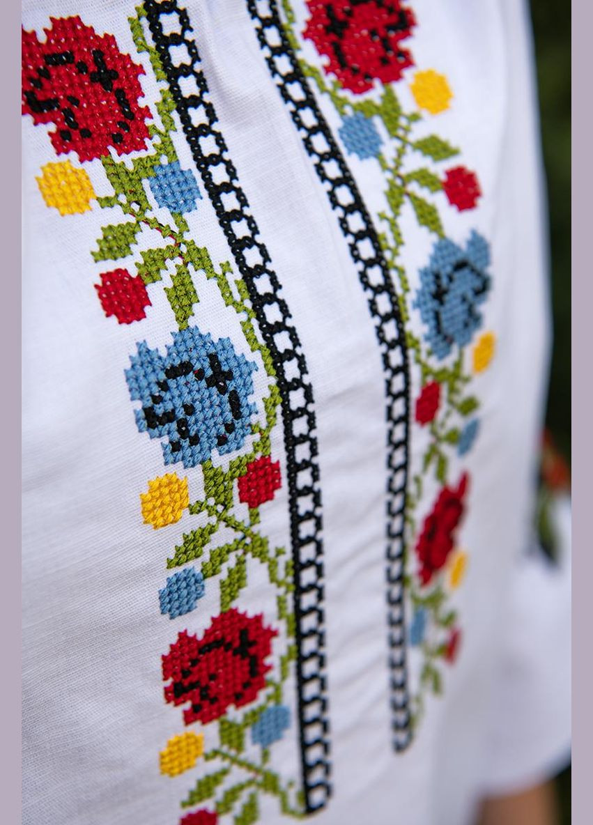 Белая белая вышиванка для девочки лен 3/4 рукав с маками и розами "цветущая украина" узор цветочный лен (331605914)