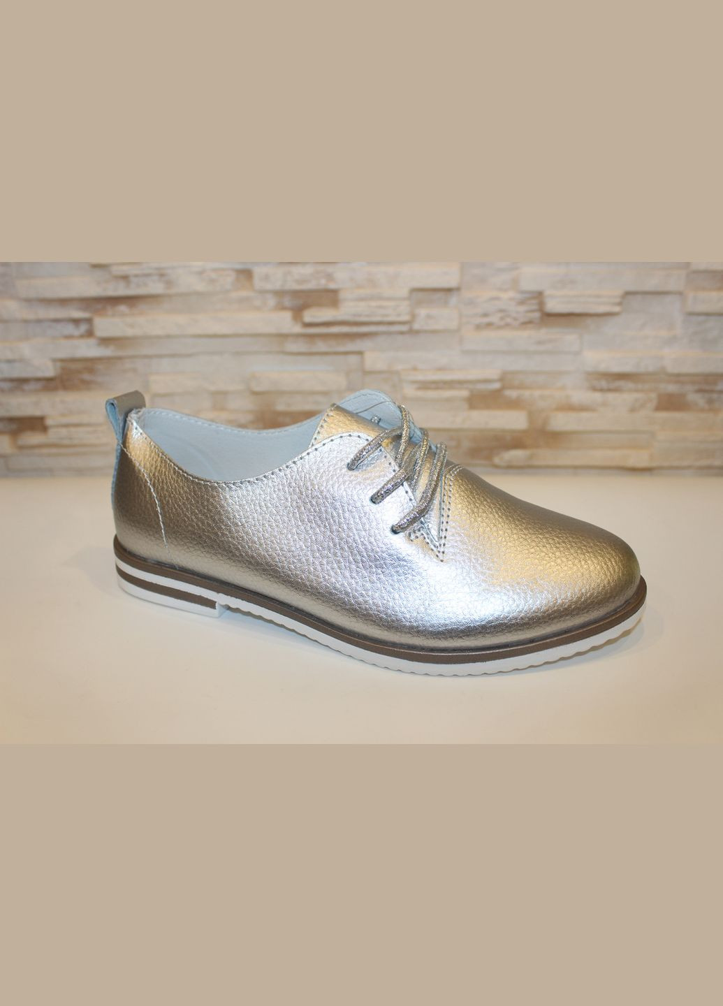 No Brand Туфлі жіночі сріблясті на шнурівці натуральна шкіра дербі срібний з натуральна шкіра, — демісезон (328940101)