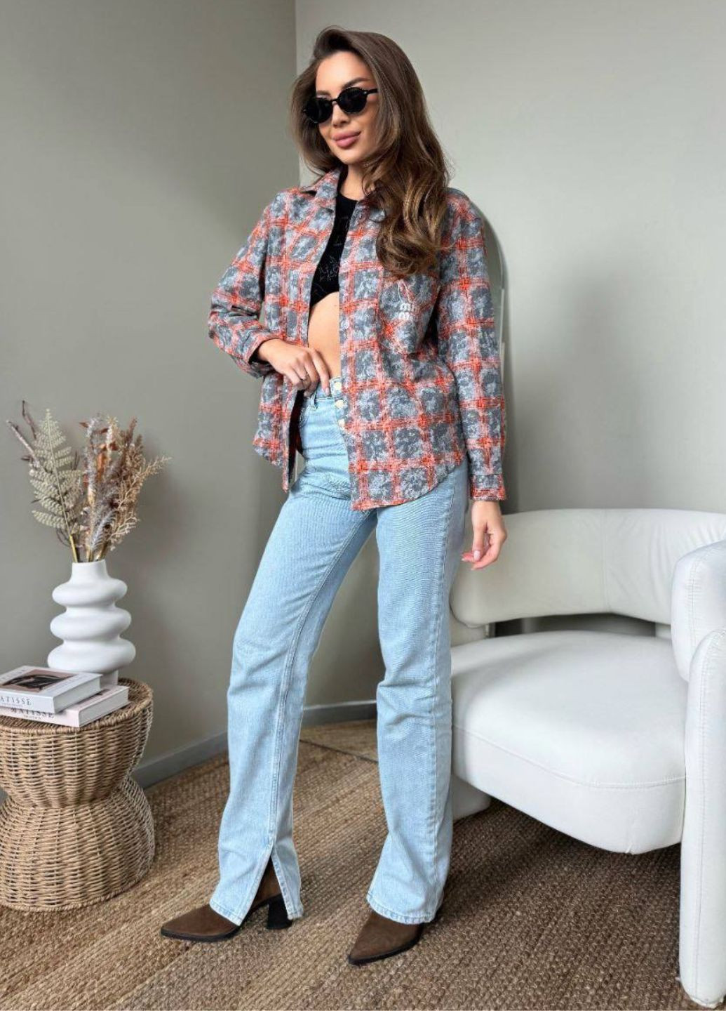 Оранжевая повседневный рубашка в клетку Україна с длинным рукавом