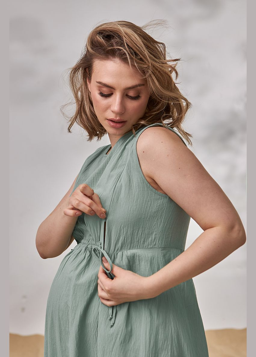 Зеленое зеленое платье для беременных и кормящих длинное из жатого хлопка Юла мама
