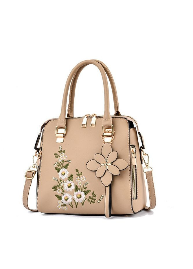 Жіноча сумка з вишивкою та брелоком екокожу квітковий принт бежевий (sku_1236) No Brand (330576850)
