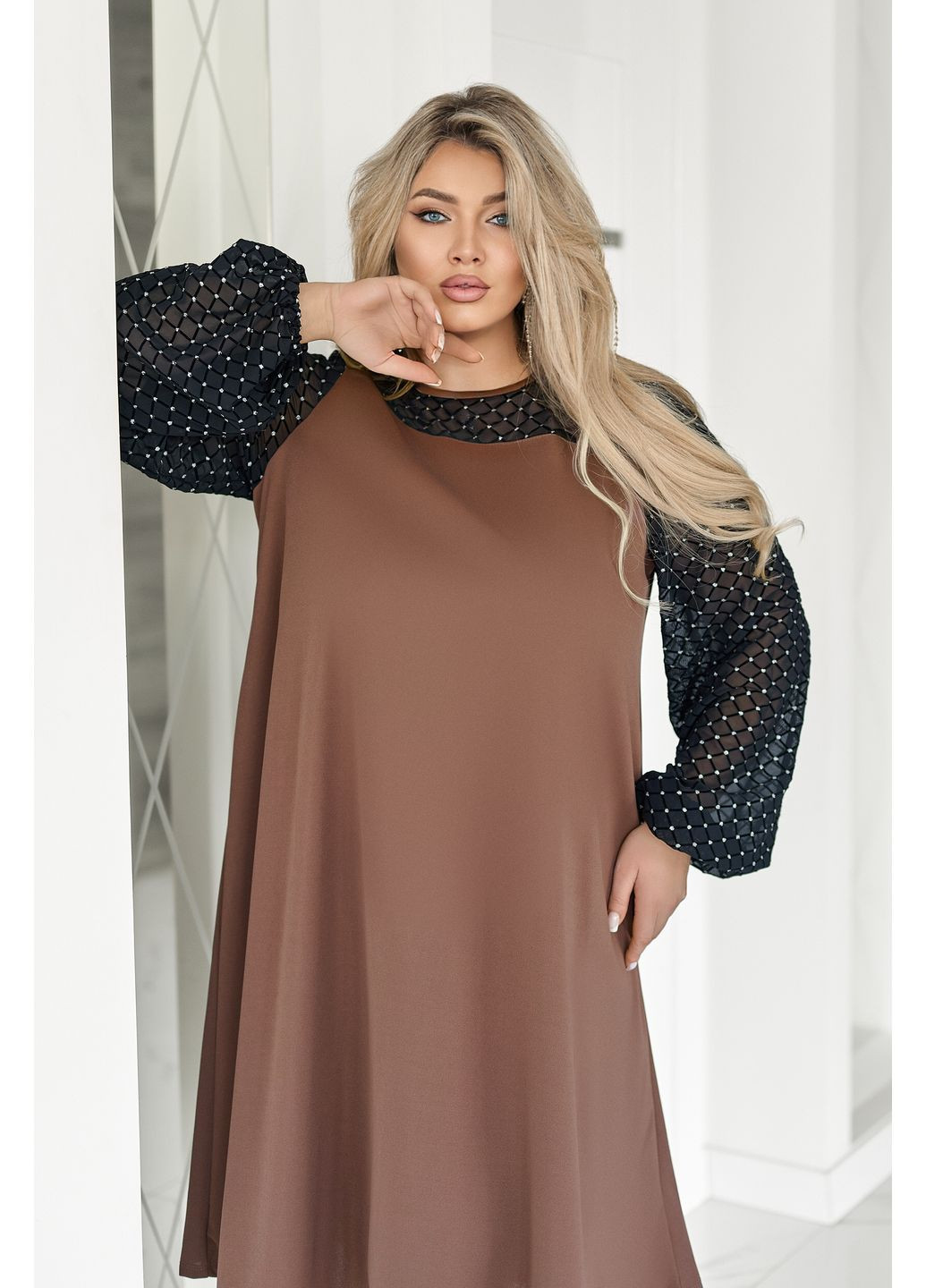 Коричневое вечернее вечернее платье с прозрачными рукавами Fashion Girl