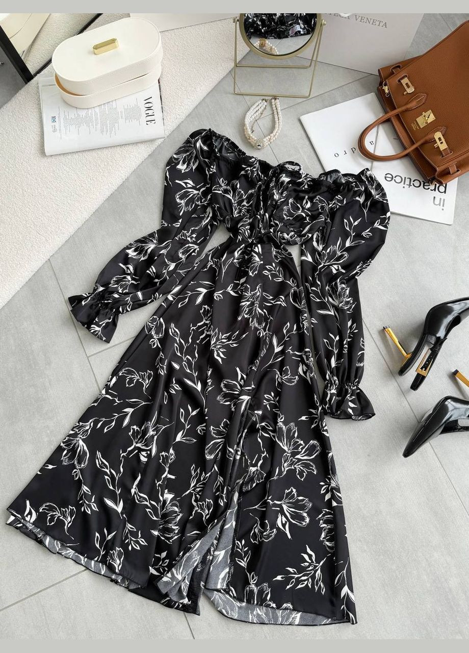 Черное повседневный женское платье с шолка с открытыми плечами, с корсетом Україна с цветочным принтом