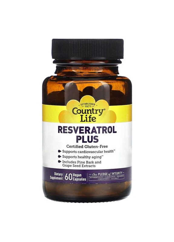 Комплекс з ресвератролом Resveratrol Plus, 60 вегакапсул для підтримки серця Country Life (324419450)