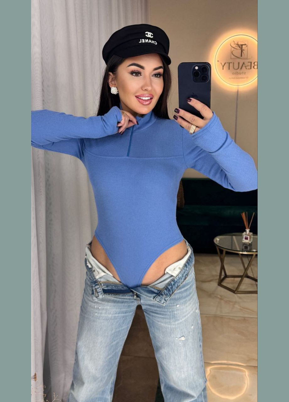 Тепле жіноче боді рубчик з блискавкою на шиї на вирізом для пальчика блакитне You Best (315389448)