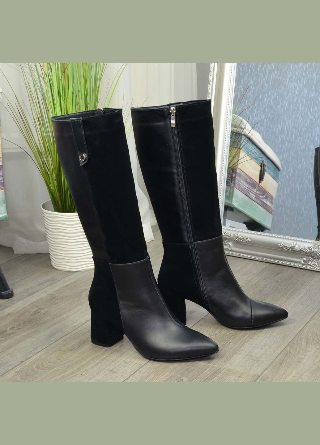 Чоботи жіночі чорні на стійкому підборі, натуральна шкіра та замша. 40 розмір Vasha para (303931805)