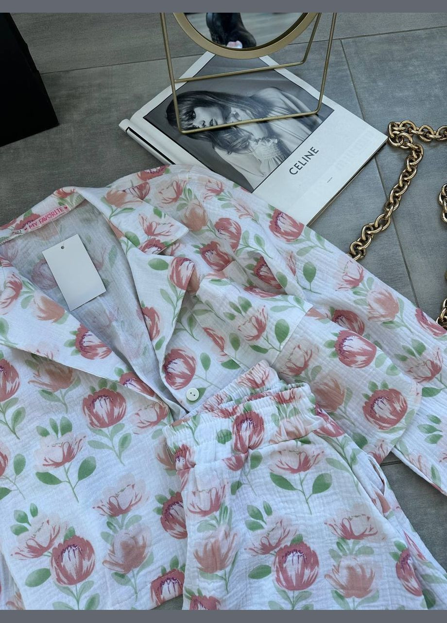 Белая всесезон комплект-пижама двойка рубашка + шорты No Brand