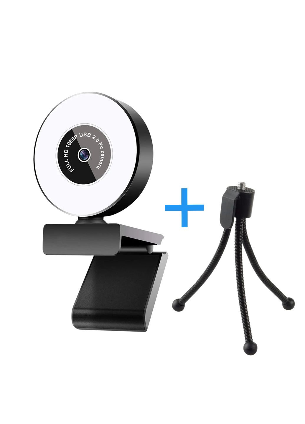 Веб камера full HD 1080P вебкамера для компьютера пк ноутбука вебка со встроенным микрофоном и подсветкой + тринога No Brand (332796380)