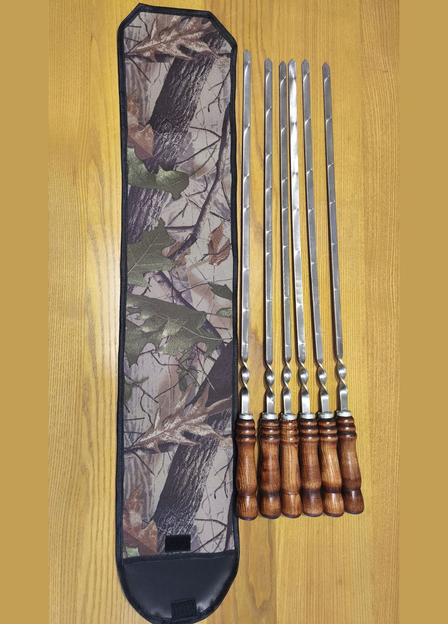 Набор шампуров в чехле 6шт. Шампуры с деревянной ручкой из нержавейки 3мм 73см. Шампуры для шашлыка No Brand (323484839)