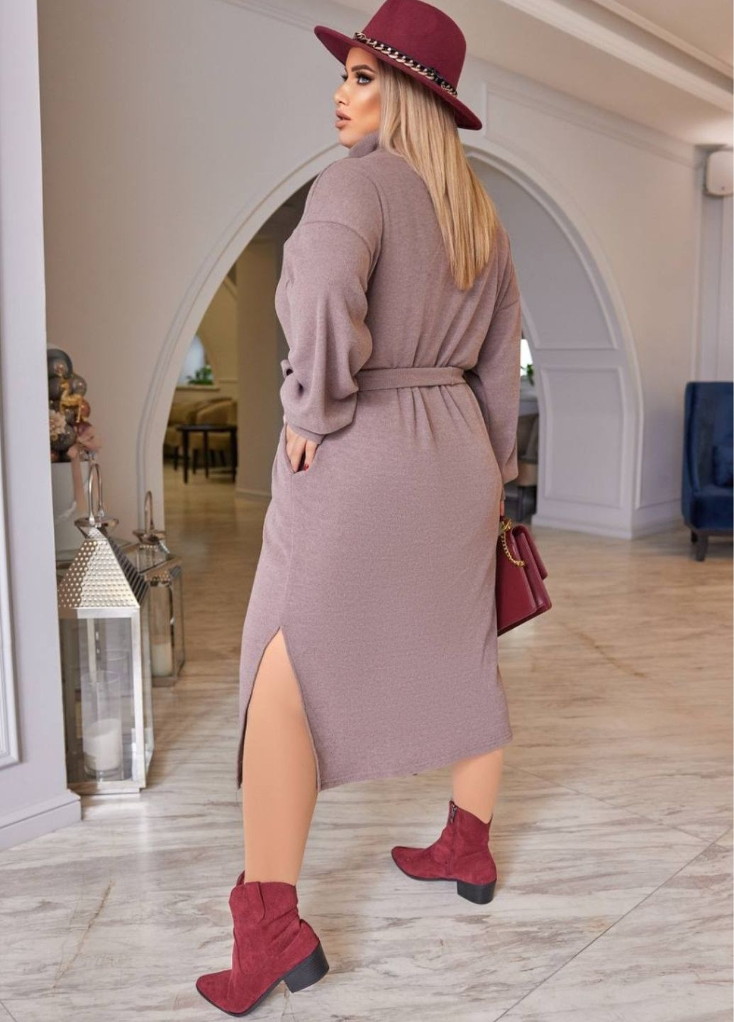 Пудровое повседневный платье свободного кроя с поясом платье-свитер No Brand однотонное
