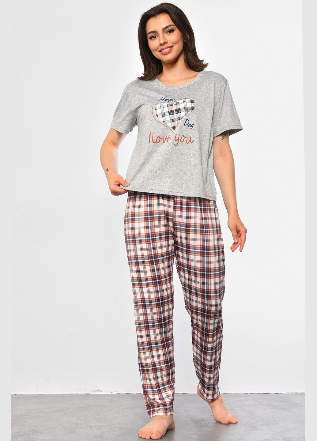 Серая всесезон пижама женская серого цвета с принтом футболка + брюки Let's Shop
