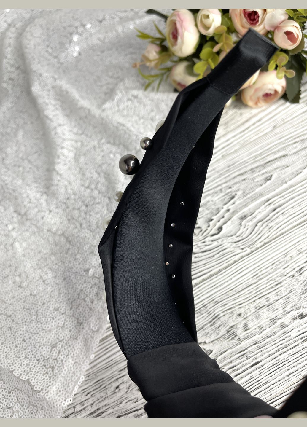 Широкий обруч - чалма для волосся з намистинами з вузлом Hand Made (330619020)