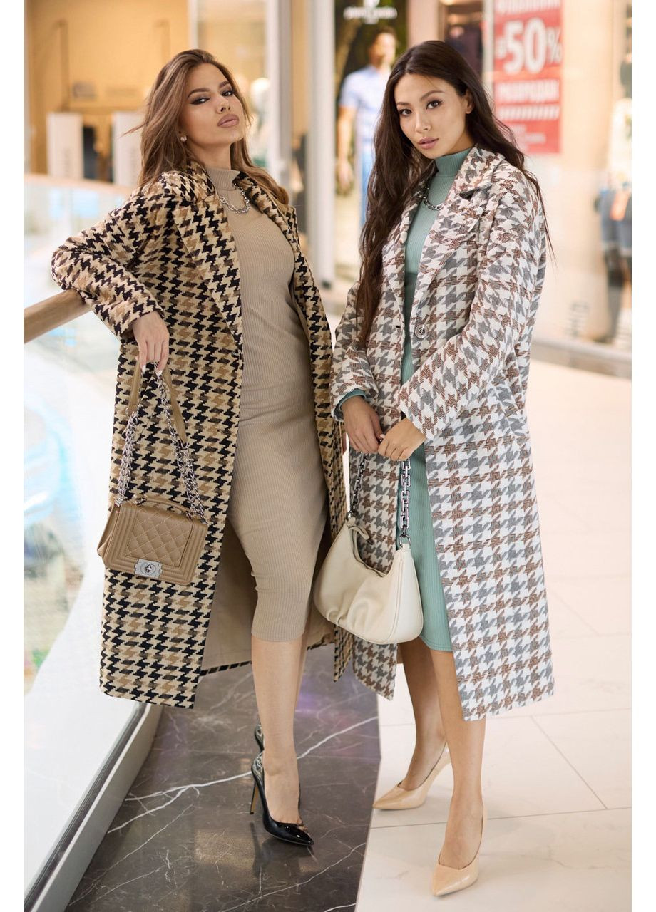 Комбіноване демісезонне Пальто гусяча лапка. Сірий з бежевим Seventeen