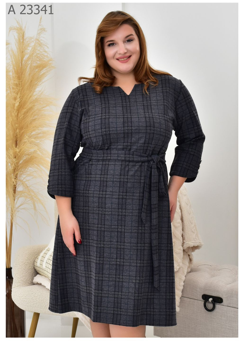 Серое повседневный платье женское большого размера SK в клетку