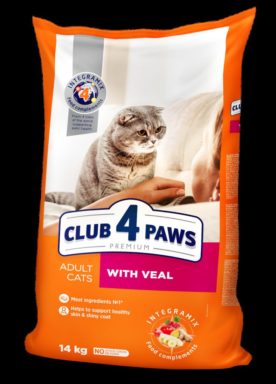 Сухой корм с телятиной для взрослых кошек 14 кг CLUB 4 PAWS Клуб 4 Лапы (278307907)
