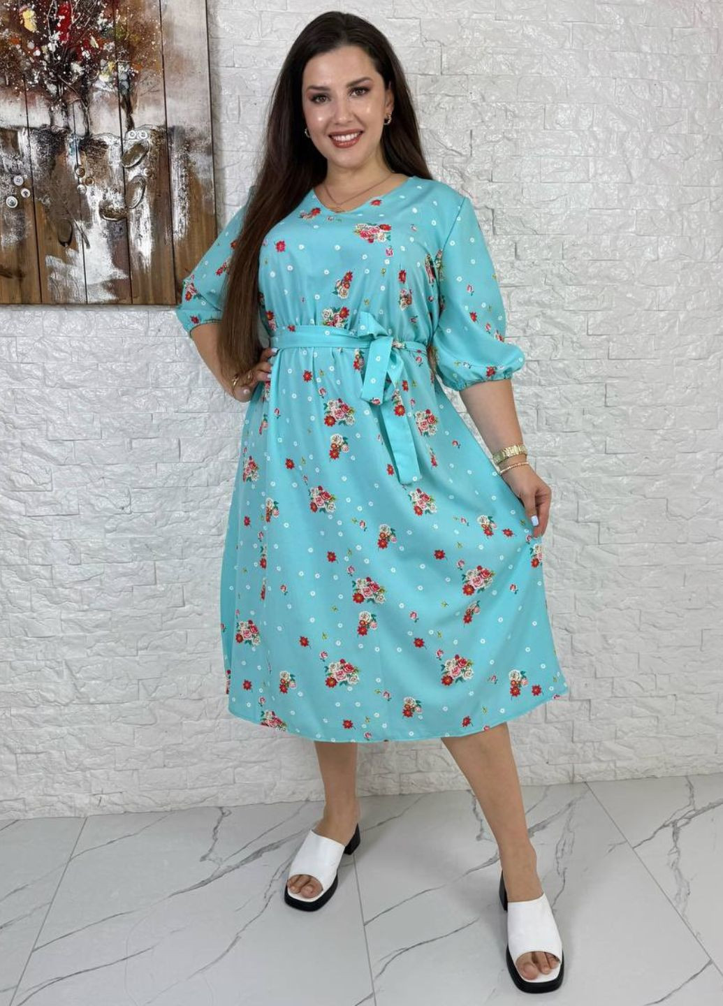 Мятное повседневный изысканное легкое летнее платье меди с цветочным узором, поясом и рукавами фонарик три четверти Tik-Tak с цветочным принтом