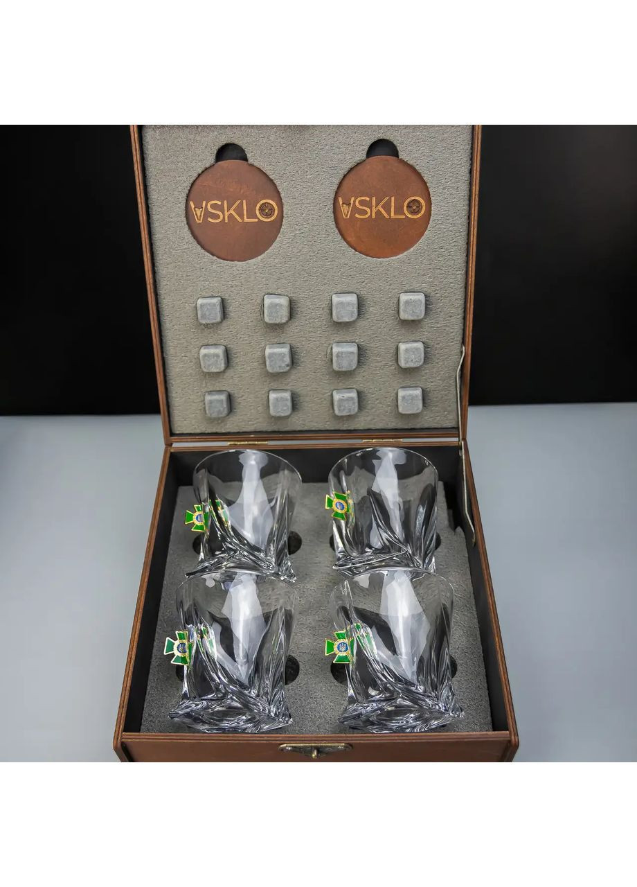 Набір для віскі 4 склянки із вставкою ДПСУ | Дерев'яна подарункова упаковка Handmade 225-001-015.1 (367108562)