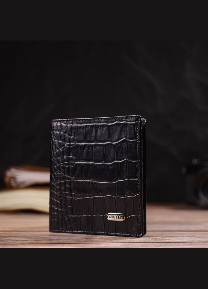 Небольшое кожаное портмоне для мужчин с тиснением под крокодила 21738 Черное Canpellini (329150192)