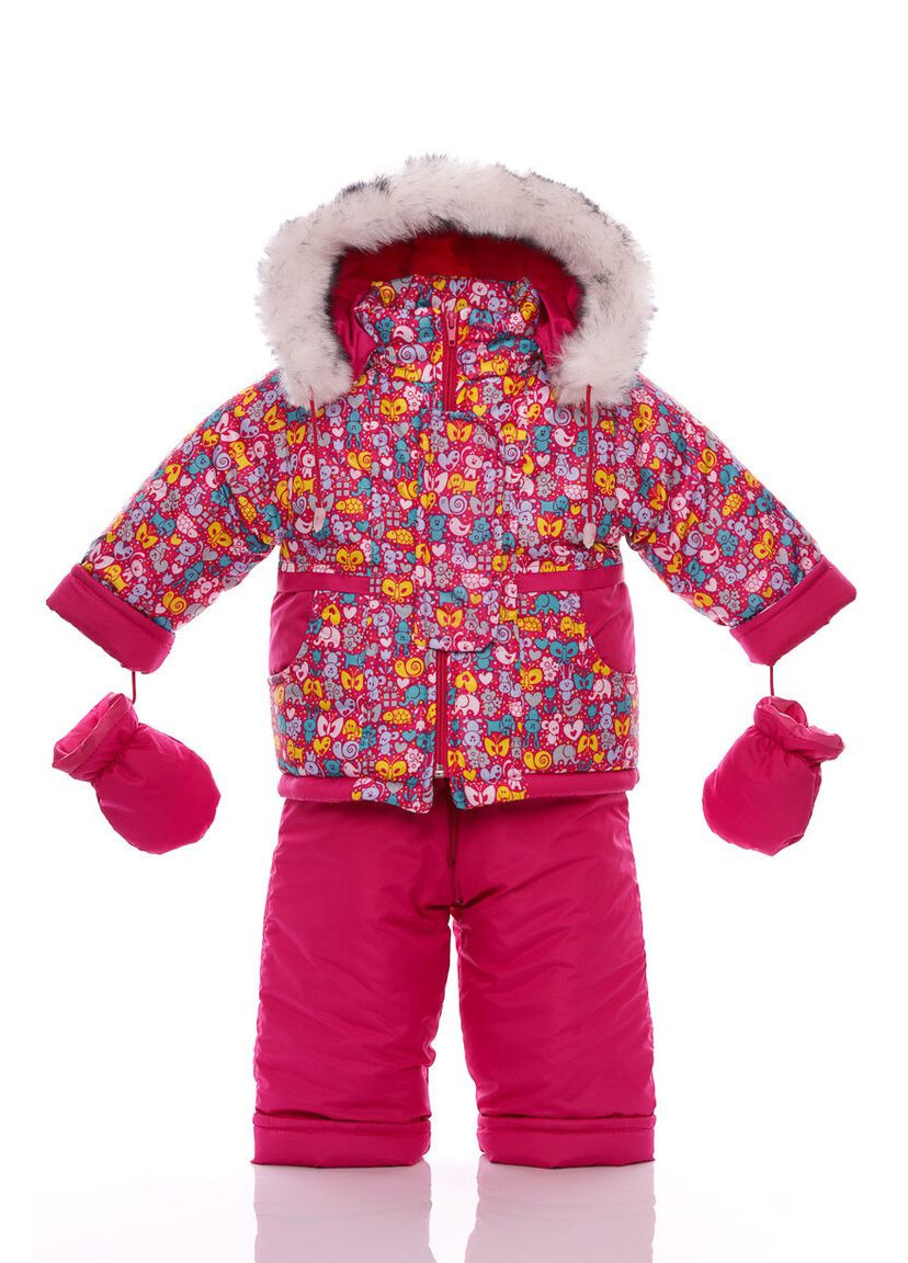 Рожевий зимній комбінезон на синтепоні для дівчинки з принтом тварин нуль підстібка білий з чорним хутро малинове 86 см (51509) BABYKROHA