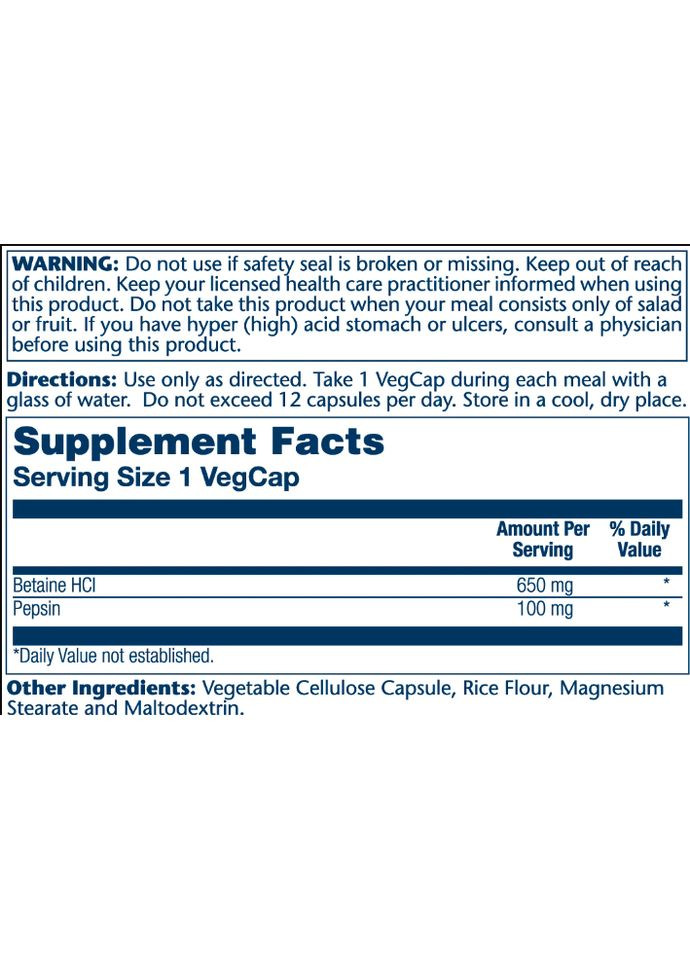 High Potency Betain HCl with Pepsin 650mg - 100 vcaps Solaray (369400568)