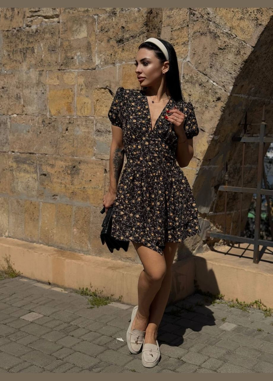 Чорна повсякденний, кежуал жіноча сукня в квіточку а-силует, з корсетом No Brand з квітковим принтом