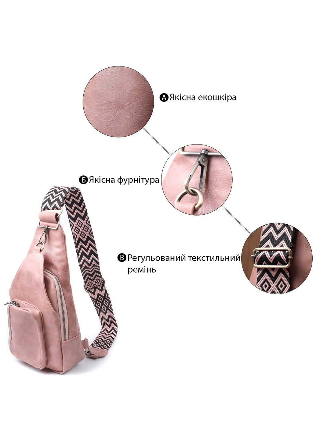 Женская сумка с акцентом на текстильную лямку из гладкой экокожи 22772 Розовый Vintage (303877202)